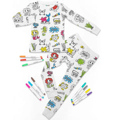 Kids Coloring Pajama Set with 12 Washable Markers – DIY Color Your Own Sleepwear for Boys & Girls