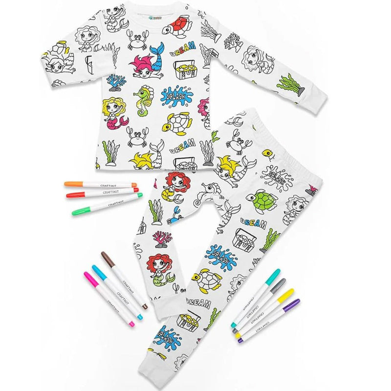 Kids Coloring Pajama Set with 12 Washable Markers – DIY Color Your Own Sleepwear for Boys & Girls