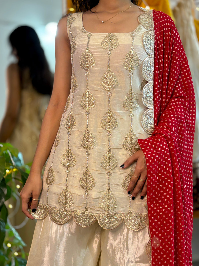 Ivory Silk Sharara Set with Golden Thread Embroidery & Red Bandhej Dupatta