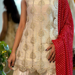 Ivory Silk Sharara Set with Golden Thread Embroidery & Red Bandhej Dupatta