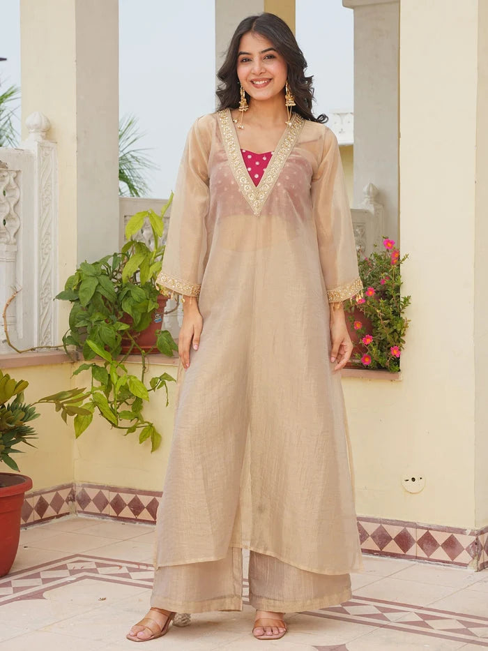 Golden Tissue 3-Piece Kurta Set with Lace Work