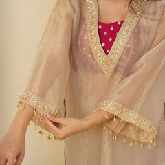 Golden Tissue 3-Piece Kurta Set with Lace Work