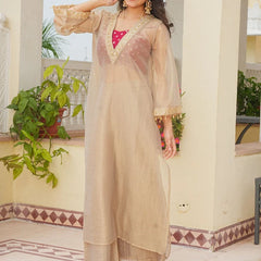 Golden Tissue 3-Piece Kurta Set with Lace Work