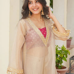 Golden Tissue 3-Piece Kurta Set with Lace Work