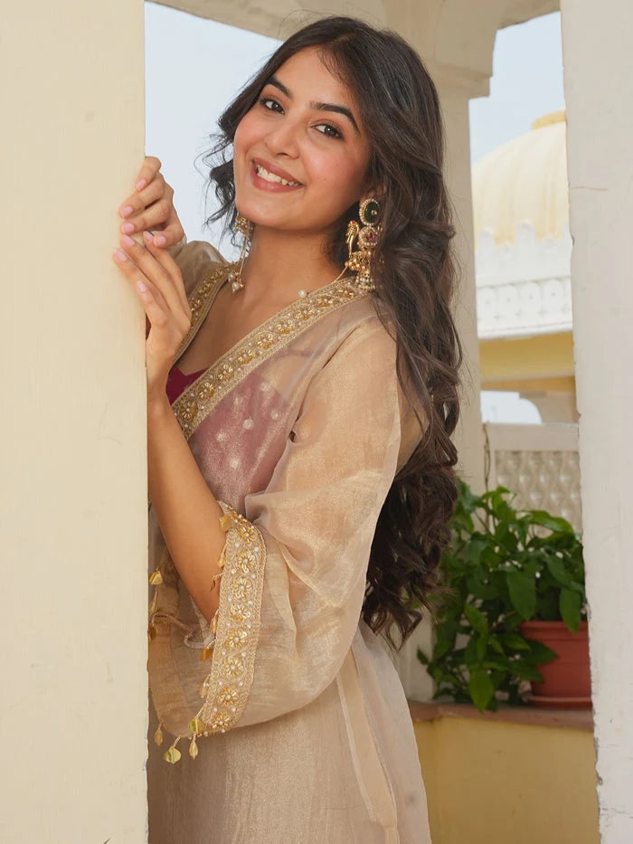 Golden Tissue 3-Piece Kurta Set with Lace Work