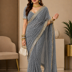 Grey Viscose Saree with Embroidery Lace Border