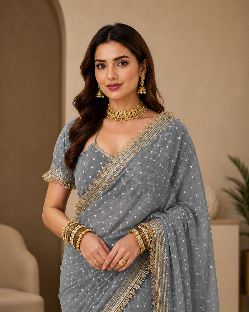 Grey Viscose Saree with Embroidery Lace Border