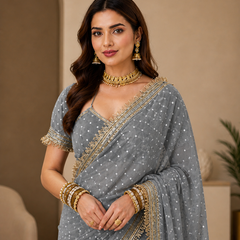 Grey Viscose Saree with Embroidery Lace Border