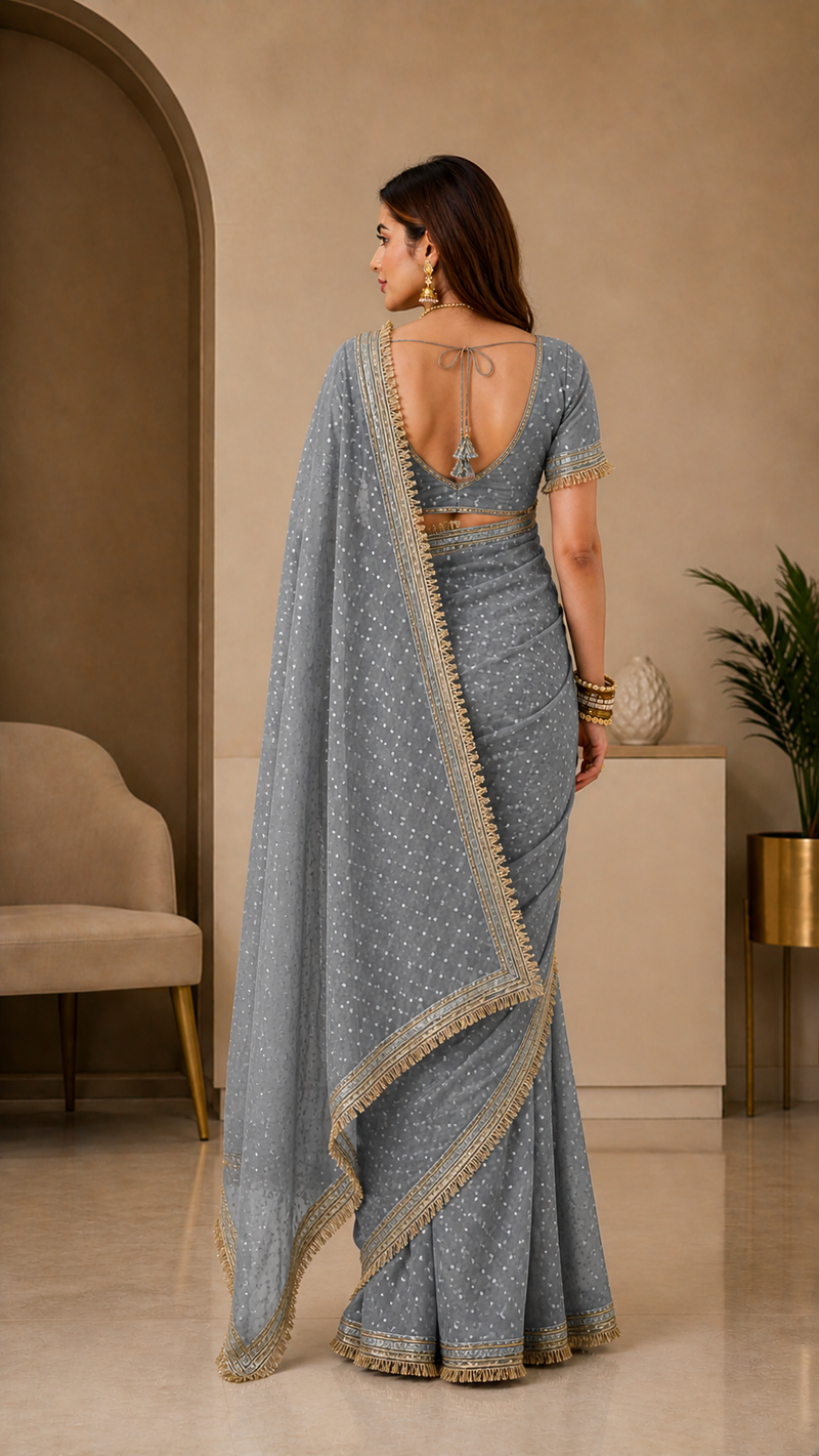 Grey Viscose Saree with Embroidery Lace Border