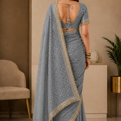 Grey Viscose Saree with Embroidery Lace Border