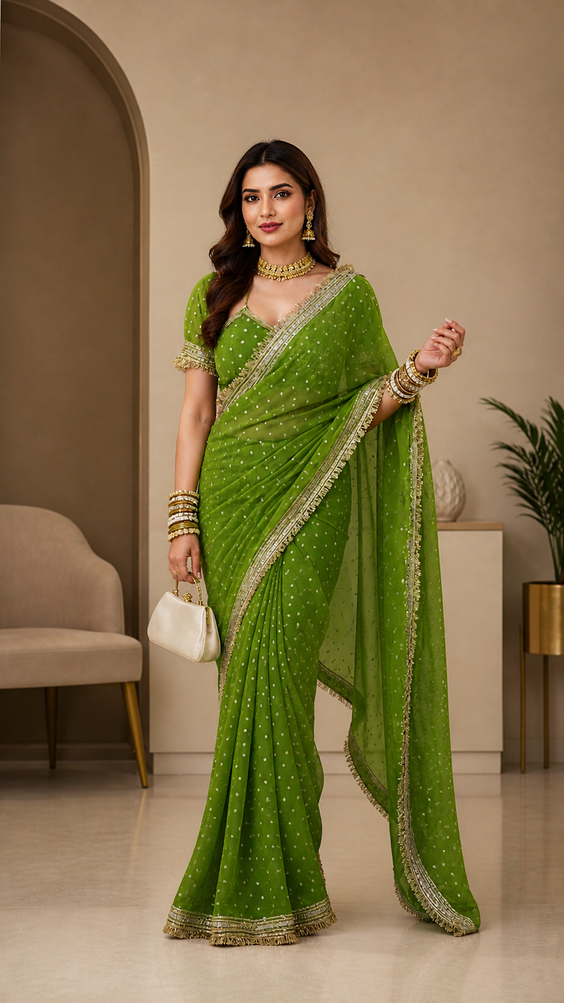 Green Viscose Saree with Embroidery Lace Border – Festive Wear