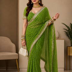 Green Viscose Saree with Embroidery Lace Border – Festive Wear