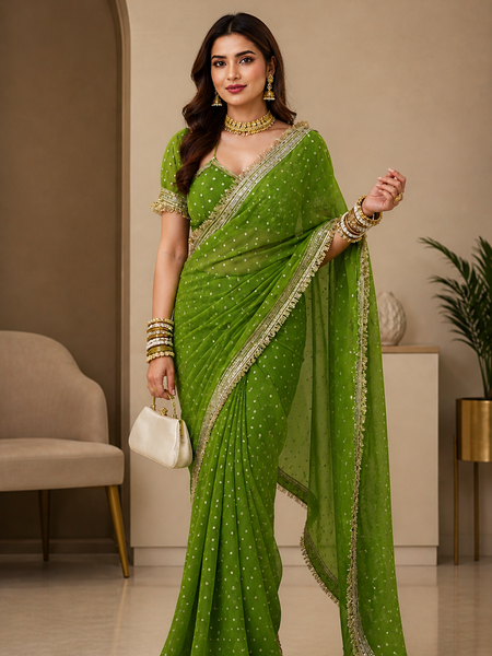 Green Viscose Saree with Embroidery Lace Border – Festive Wear
