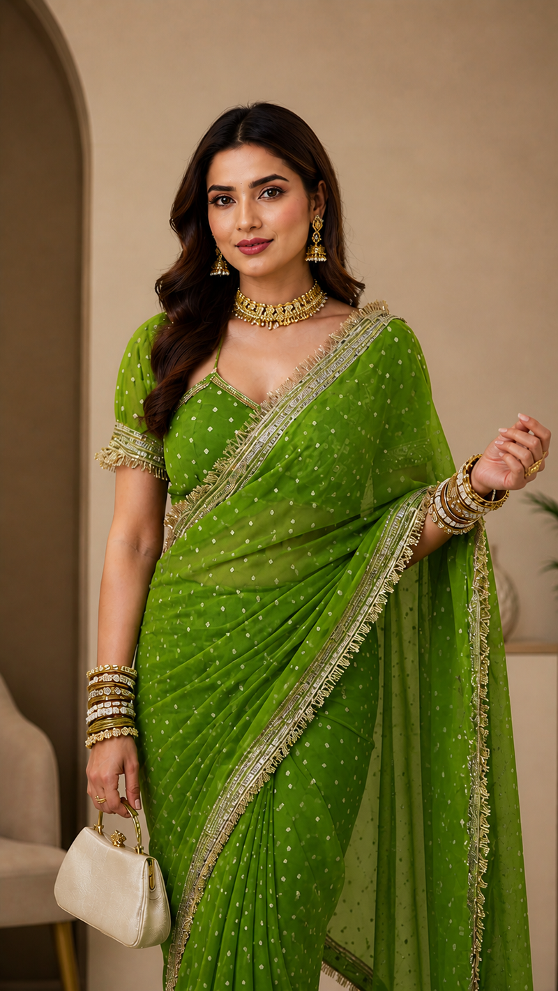 Green Viscose Saree with Embroidery Lace Border – Festive Wear