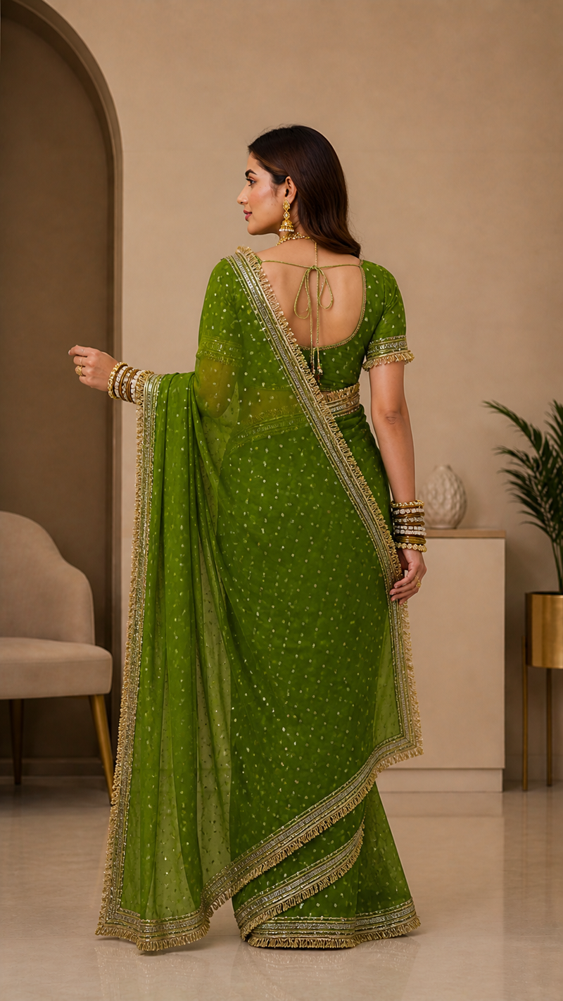Green Viscose Saree with Embroidery Lace Border – Festive Wear