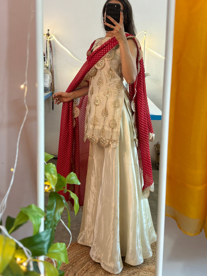 Ivory Silk Sharara Set with Golden Thread Embroidery & Red Bandhej Dupatta