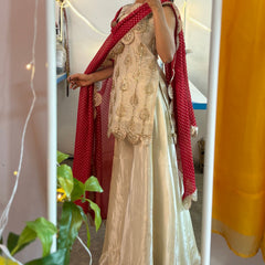 Ivory Silk Sharara Set with Golden Thread Embroidery & Red Bandhej Dupatta