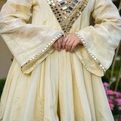 Ivory Color Heavy Mirror Embellished Anarkali With Sharara & Dupatta