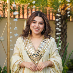 Ivory Color Heavy Mirror Embellished Anarkali With Sharara & Dupatta