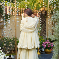 Ivory Color Heavy Mirror Embellished Anarkali With Sharara & Dupatta