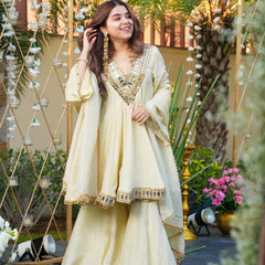 Ivory Color Heavy Mirror Embellished Anarkali With Sharara & Dupatta