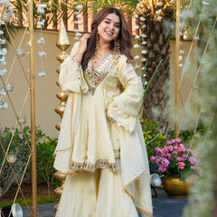 Ivory Color Heavy Mirror Embellished Anarkali With Sharara & Dupatta