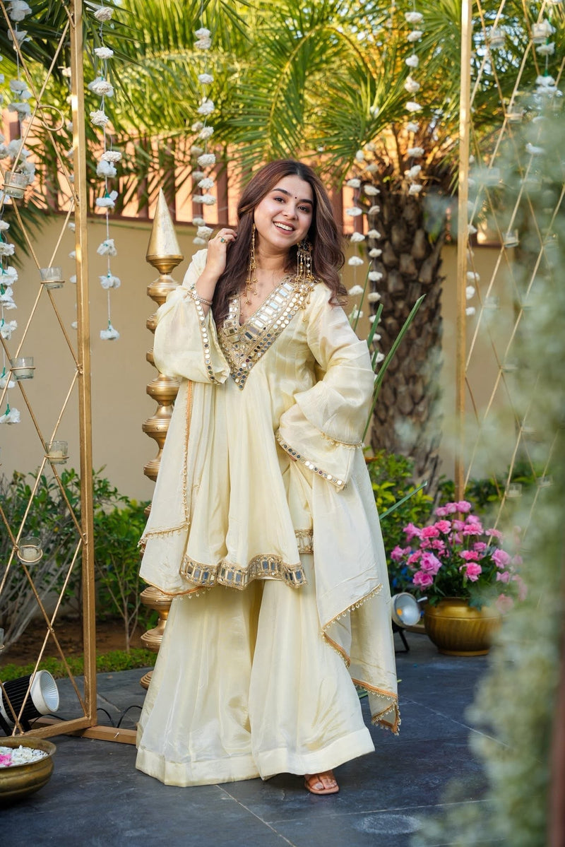 Ivory Color Heavy Mirror Embellished Anarkali With Sharara & Dupatta