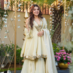 Ivory Color Heavy Mirror Embellished Anarkali With Sharara & Dupatta