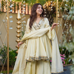 Ivory Color Heavy Mirror Embellished Anarkali With Sharara & Dupatta