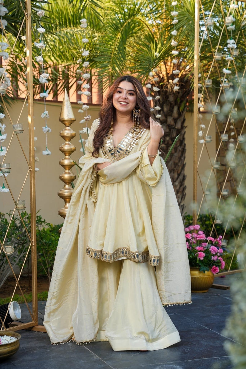 Ivory Color Heavy Mirror Embellished Anarkali With Sharara & Dupatta