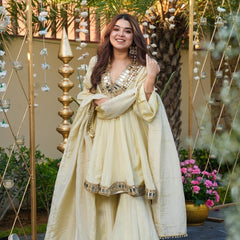Ivory Color Heavy Mirror Embellished Anarkali With Sharara & Dupatta