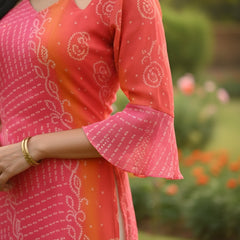 Rani Pink & Kesari Bandhej Faux Georgette Kurti with Pure Cotton Inner