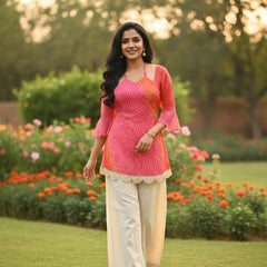 Rani Pink & Kesari Bandhej Faux Georgette Kurti with Pure Cotton Inner