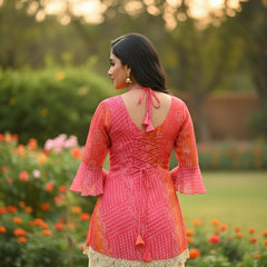 Rani Pink & Kesari Bandhej Faux Georgette Kurti with Pure Cotton Inner