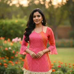 Rani Pink & Kesari Bandhej Faux Georgette Kurti with Pure Cotton Inner