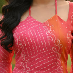 Rani Pink & Kesari Bandhej Faux Georgette Kurti with Pure Cotton Inner