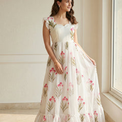 White Floral Printed Party Wear Casual Long Gown