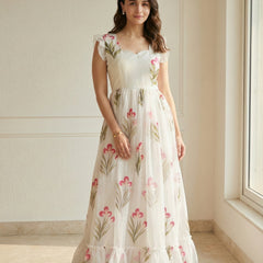 White Floral Printed Party Wear Casual Long Gown
