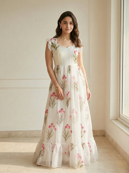 White Floral Printed Party Wear Casual Long Gown