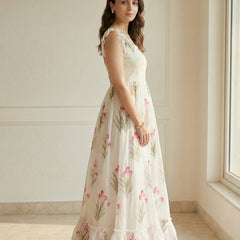 White Floral Printed Party Wear Casual Long Gown