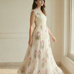 White Floral Printed Party Wear Casual Long Gown