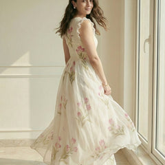 White Floral Printed Party Wear Casual Long Gown