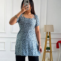 Grey-Blue Ditsy Floral Short Kurta
