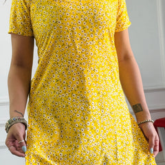 Yellow Ditsy Floral Kurti with Adjustable Lace-Up Back