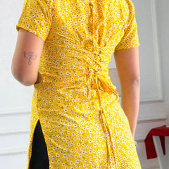 Yellow Ditsy Floral Kurti with Adjustable Lace-Up Back