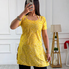 Yellow Ditsy Floral Kurti with Adjustable Lace-Up Back