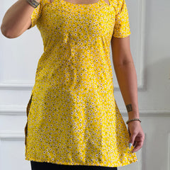 Yellow Ditsy Floral Kurti with Adjustable Lace-Up Back
