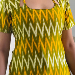 Olive Green Chevron Print Cambric Cotton Kurti with Corset Back