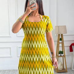 Olive Green Chevron Print Cambric Cotton Kurti with Corset Back