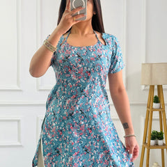 Teal Multi-Floral Cambric Cotton Kurti with Corset Back